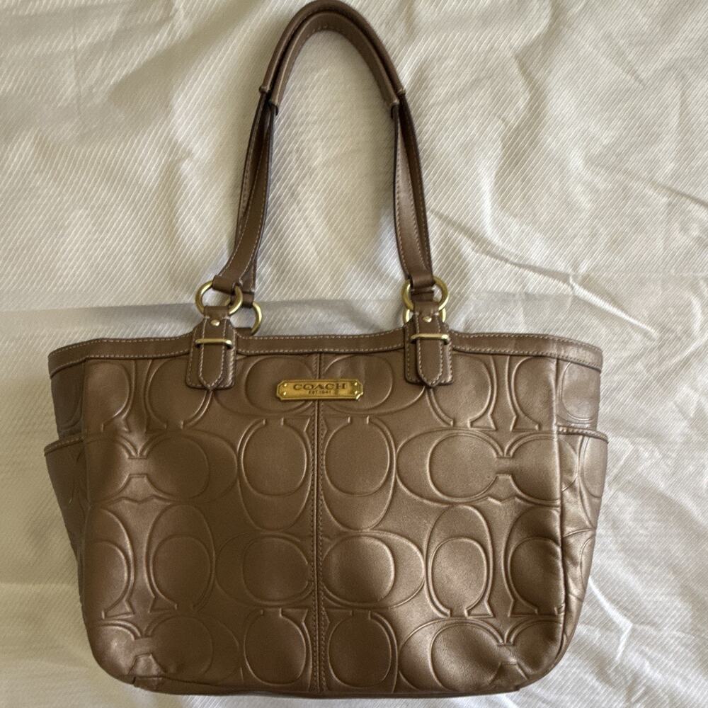 Coach Brown Embossed Logo Tote Bag Zip Closure Gold Hardware Double Handles